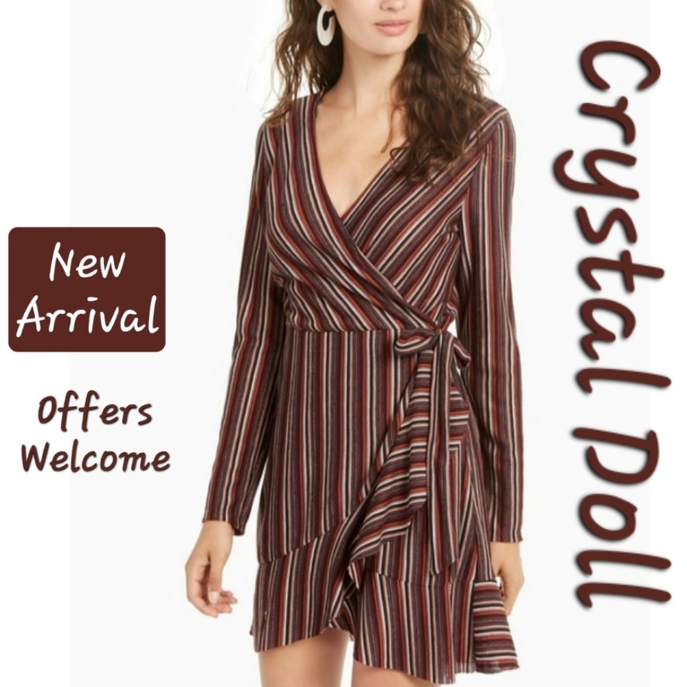 Crystal Doll Striped Long Sleeve Wrap Dress in Brown, Burgundy, Cream